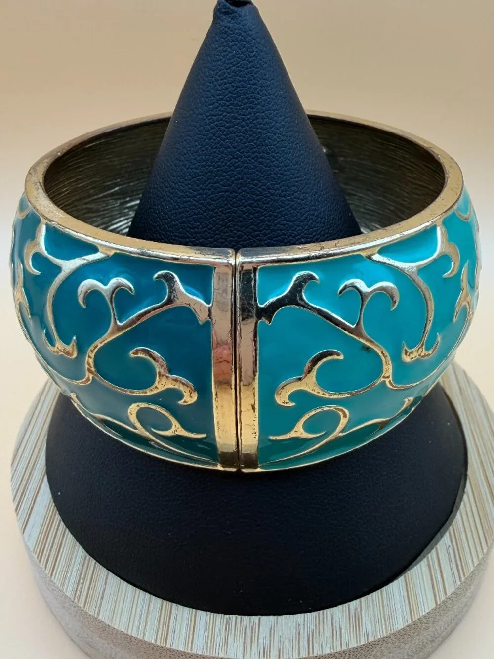 Turquoise Blue and Gold-Tone Enamel Hinged Bracelet